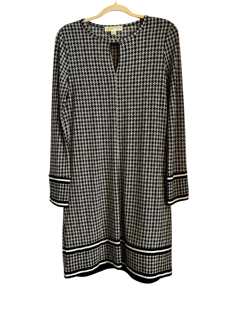 Michael Kors Black & White Houndstooth Long Sleeve Shift Dress